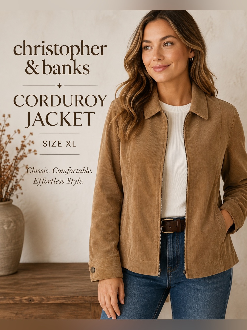 Christopher & Banks XL Corduroy Jacket Tan Brown Zip Front Cottagecore Fall